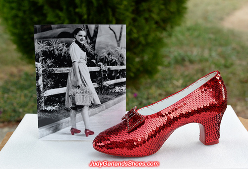 The right shoe is finished on Judy Garland's ruby slippers